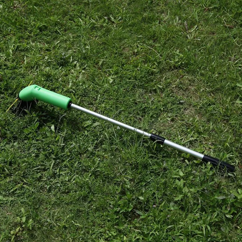 Cordless lawn trimmer tool with extension pole and protective debris shield for garden maintenance