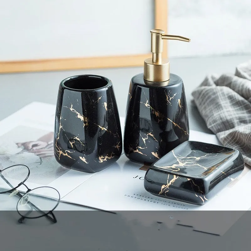 Ceramic bathroom wash set with decal decoration in black, blue and white colour options