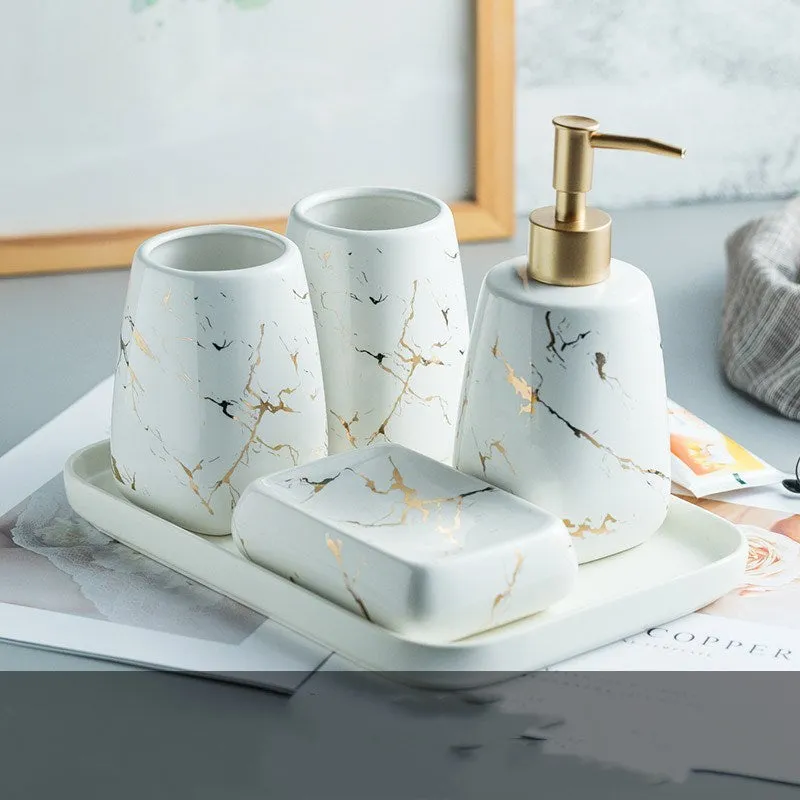 Ceramic bathroom wash set with decal decoration in black, blue and white colour options