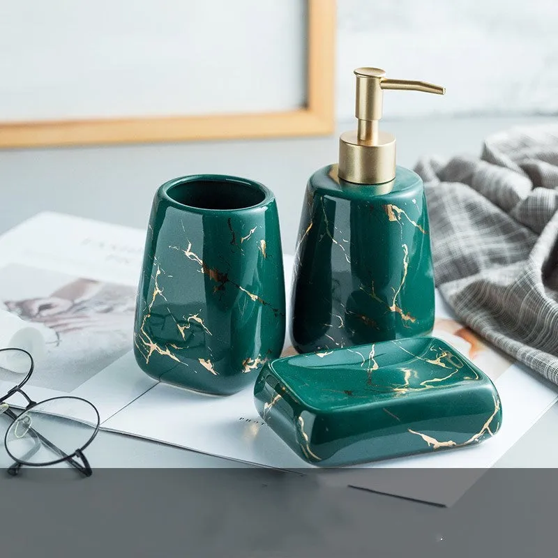 Ceramic bathroom wash set with decal decoration in black, blue and white colour options