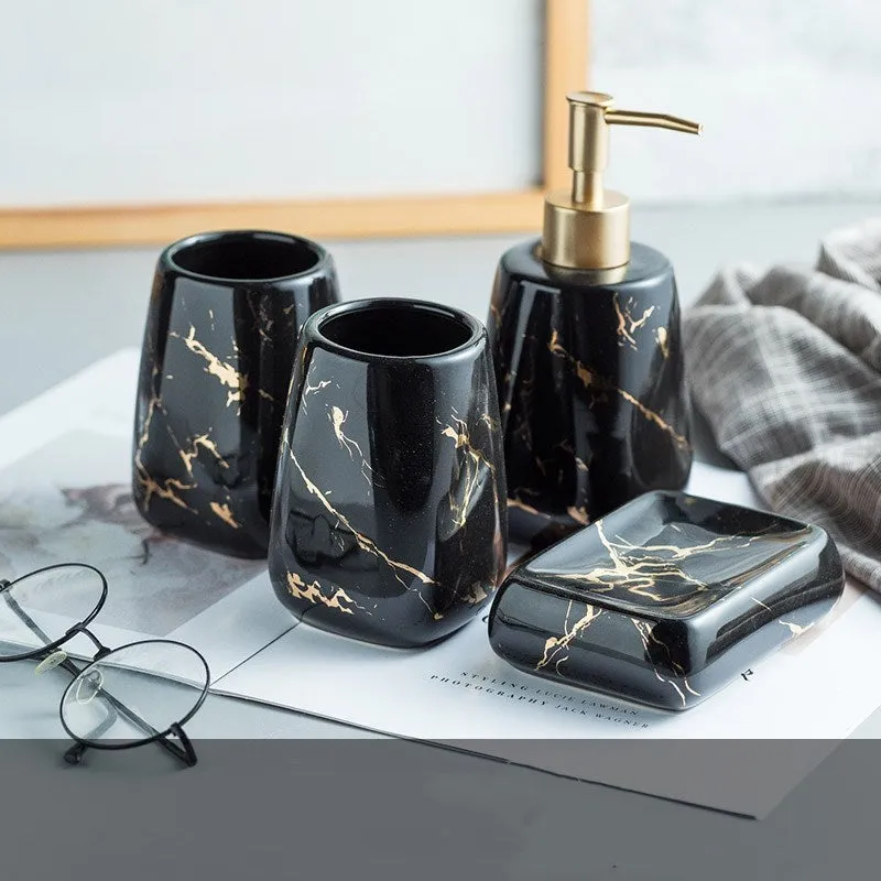 Ceramic bathroom wash set with decal decoration in black, blue and white colour options