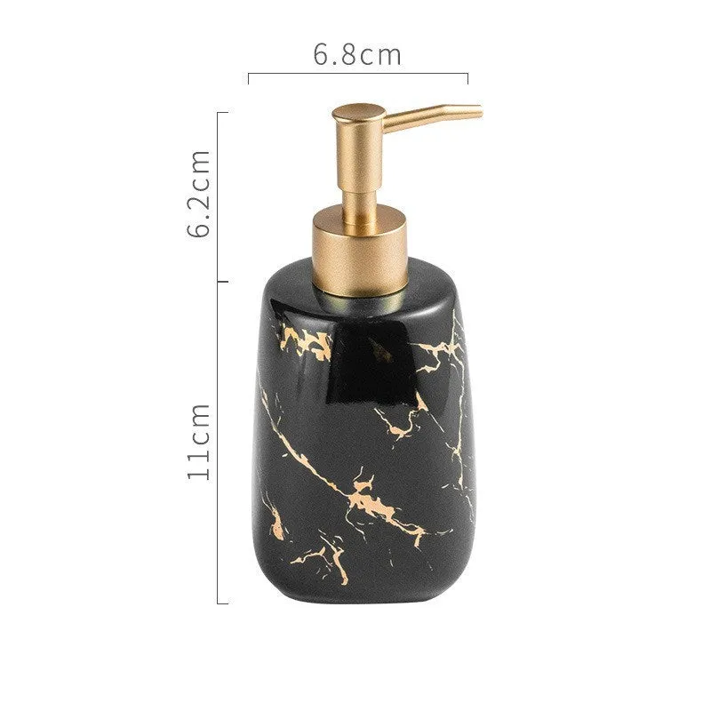 Ceramic bathroom wash set with decal decoration in black, blue and white colour options