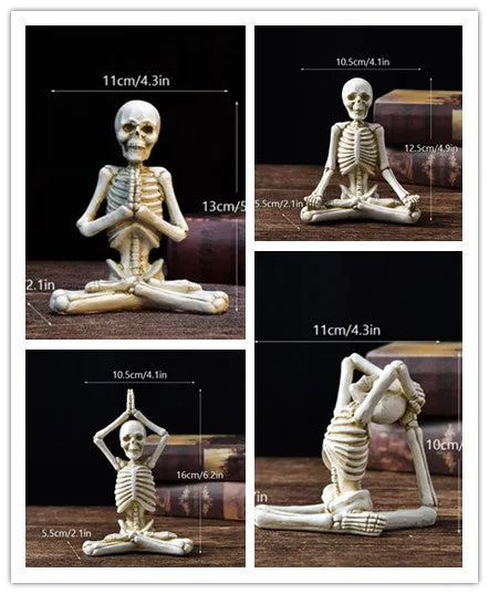Hand-painted resin yoga pose skull skeleton ornament measuring 10.5-11cm wide on wooden desktop