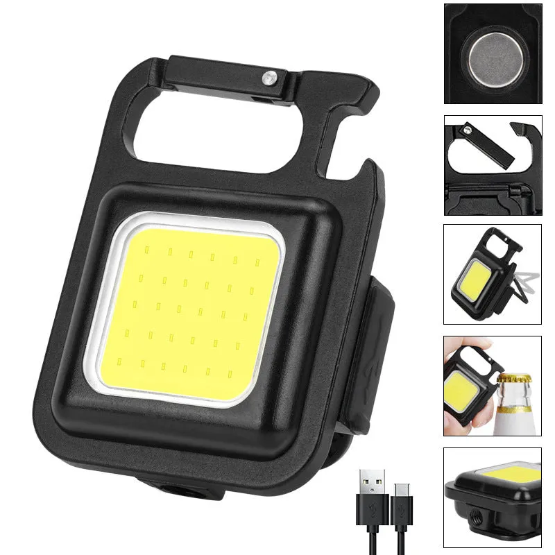 Black aluminium alloy USB rechargeable keychain flashlight with magnetic base and foldable handle