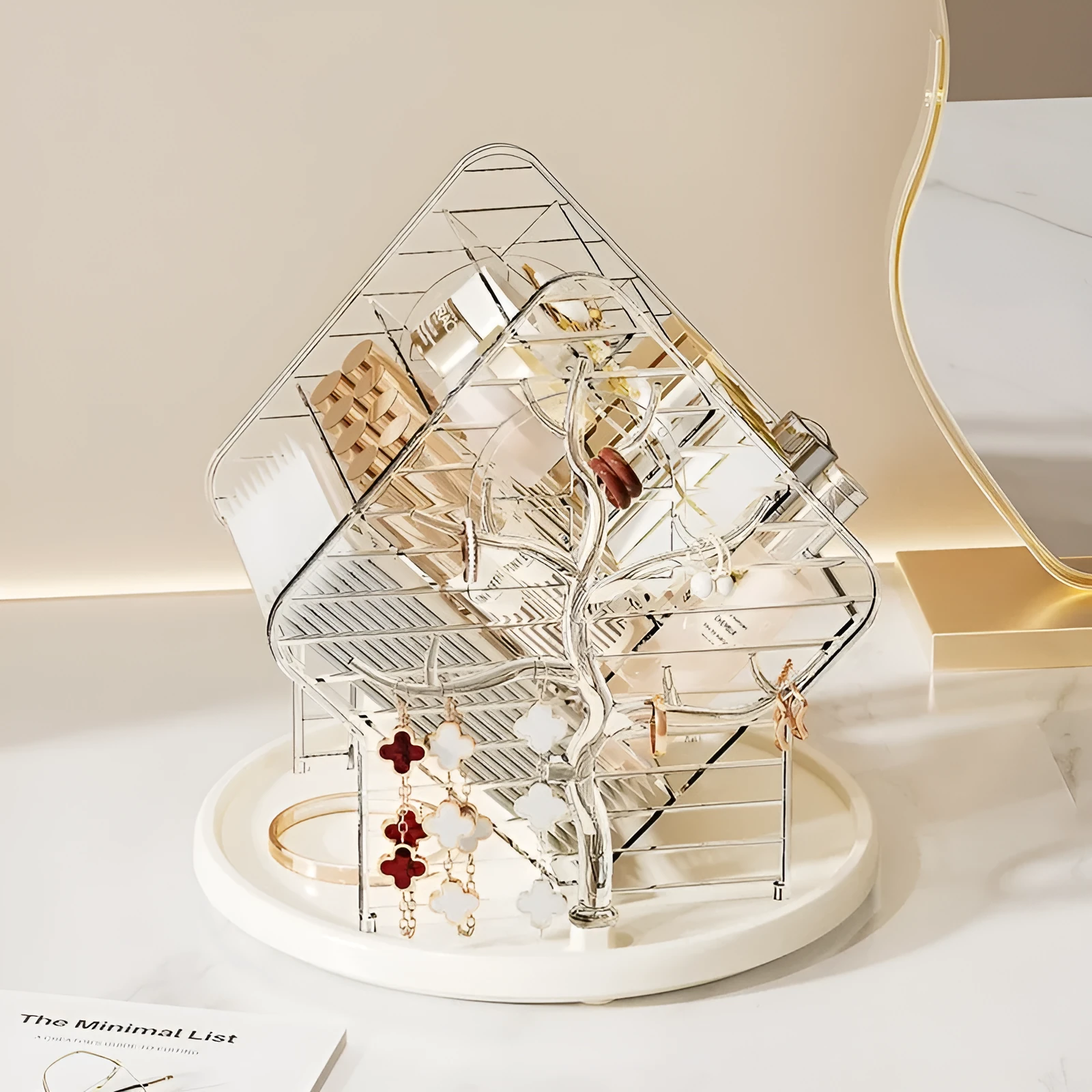 Rotating cosmetics storage box in clear or amber gold colour on a vanity