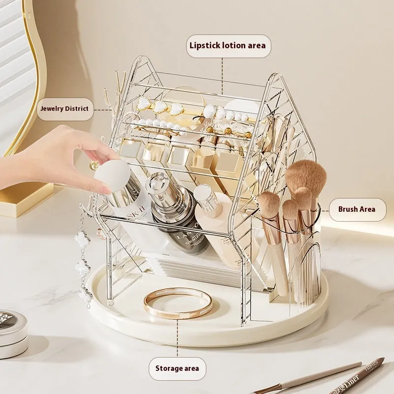 Rotating cosmetics storage box in clear or amber gold colour on a vanity