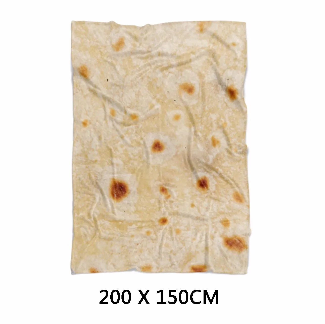 Round flannel burrito blanket with food-themed printing, shown in coral fleece fabric.