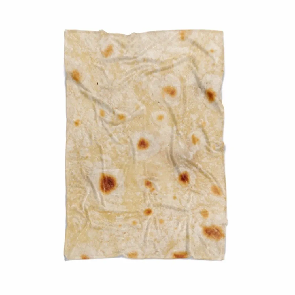 Round flannel burrito blanket with food-themed printing, shown in coral fleece fabric.