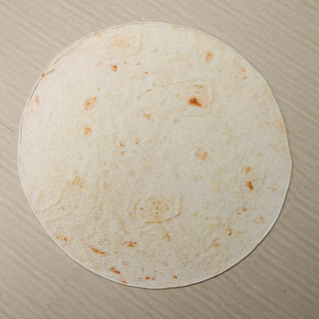 Round flannel burrito blanket with food-themed printing, shown in coral fleece fabric.