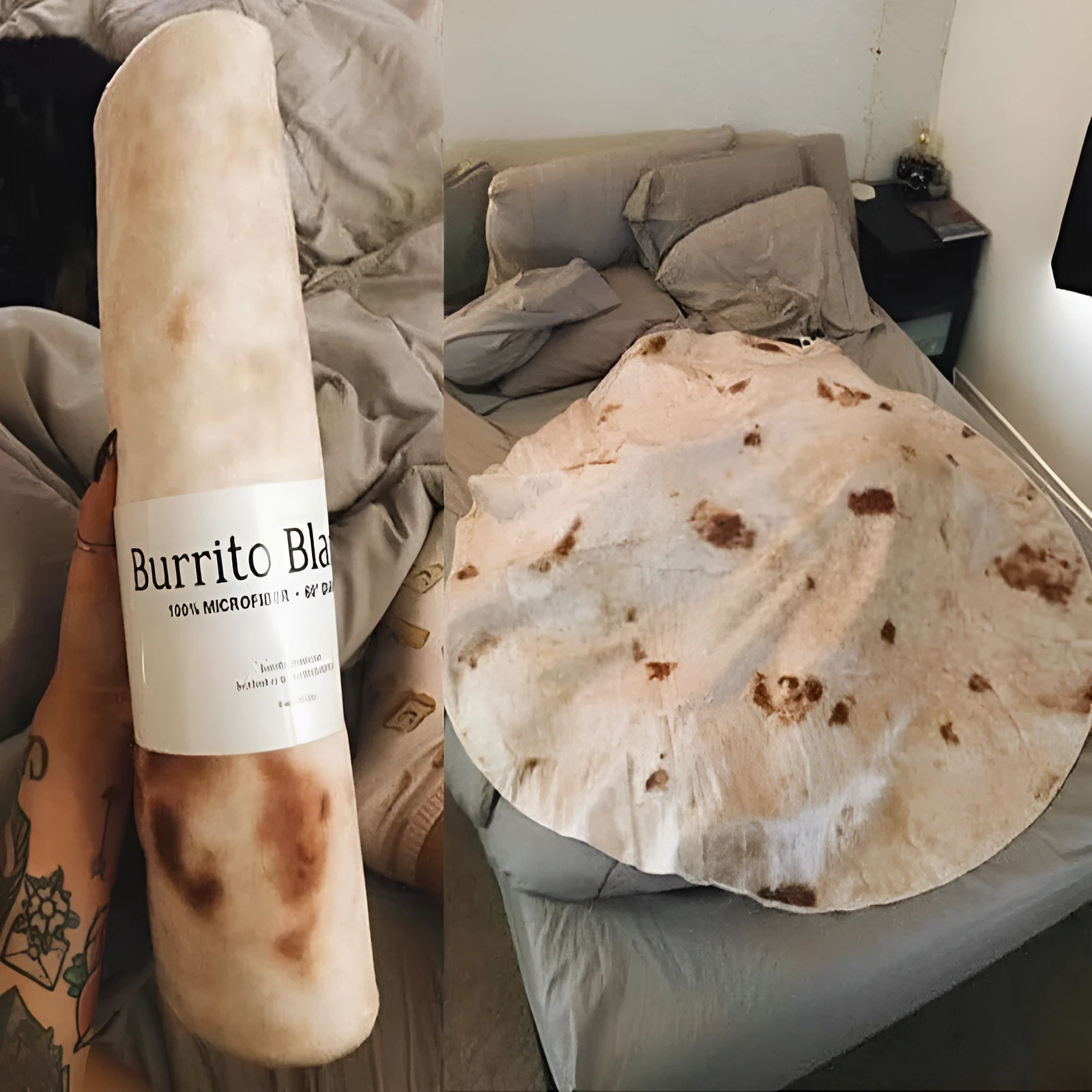 Round flannel burrito blanket with food-themed printing, shown in coral fleece fabric.