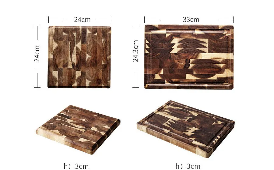 Brown acacia solid wood cutting board showing 3cm thickness edge