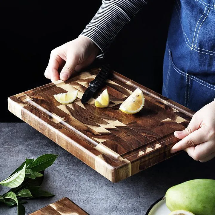 Brown acacia solid wood cutting board showing 3cm thickness edge