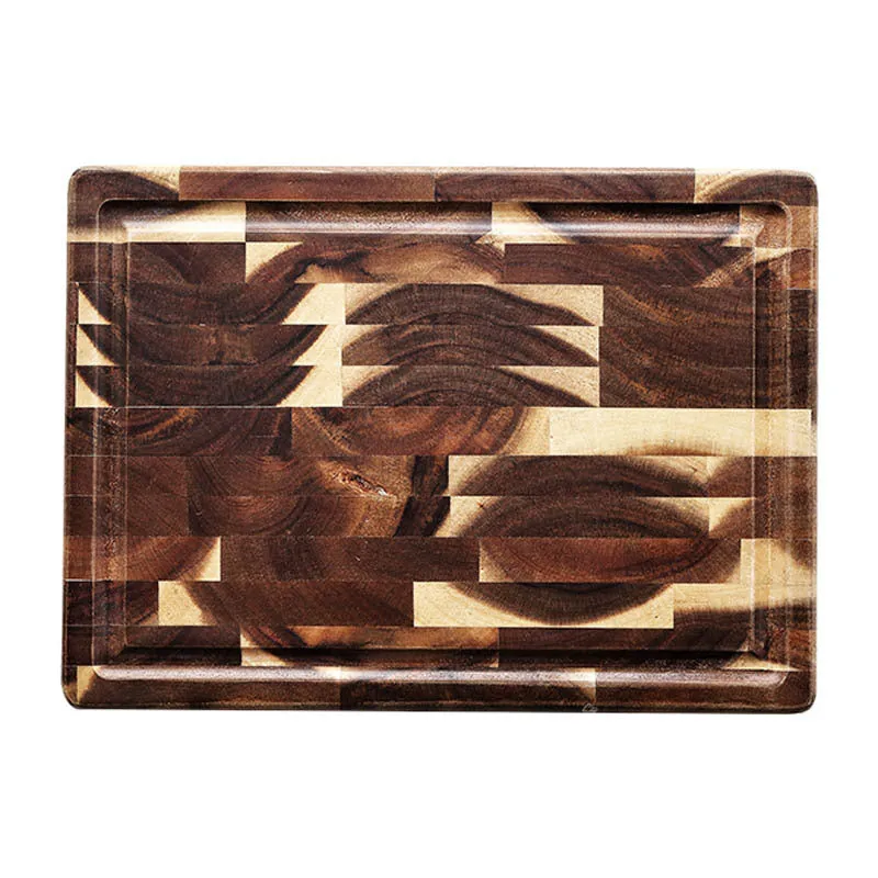 Brown acacia solid wood cutting board showing 3cm thickness edge
