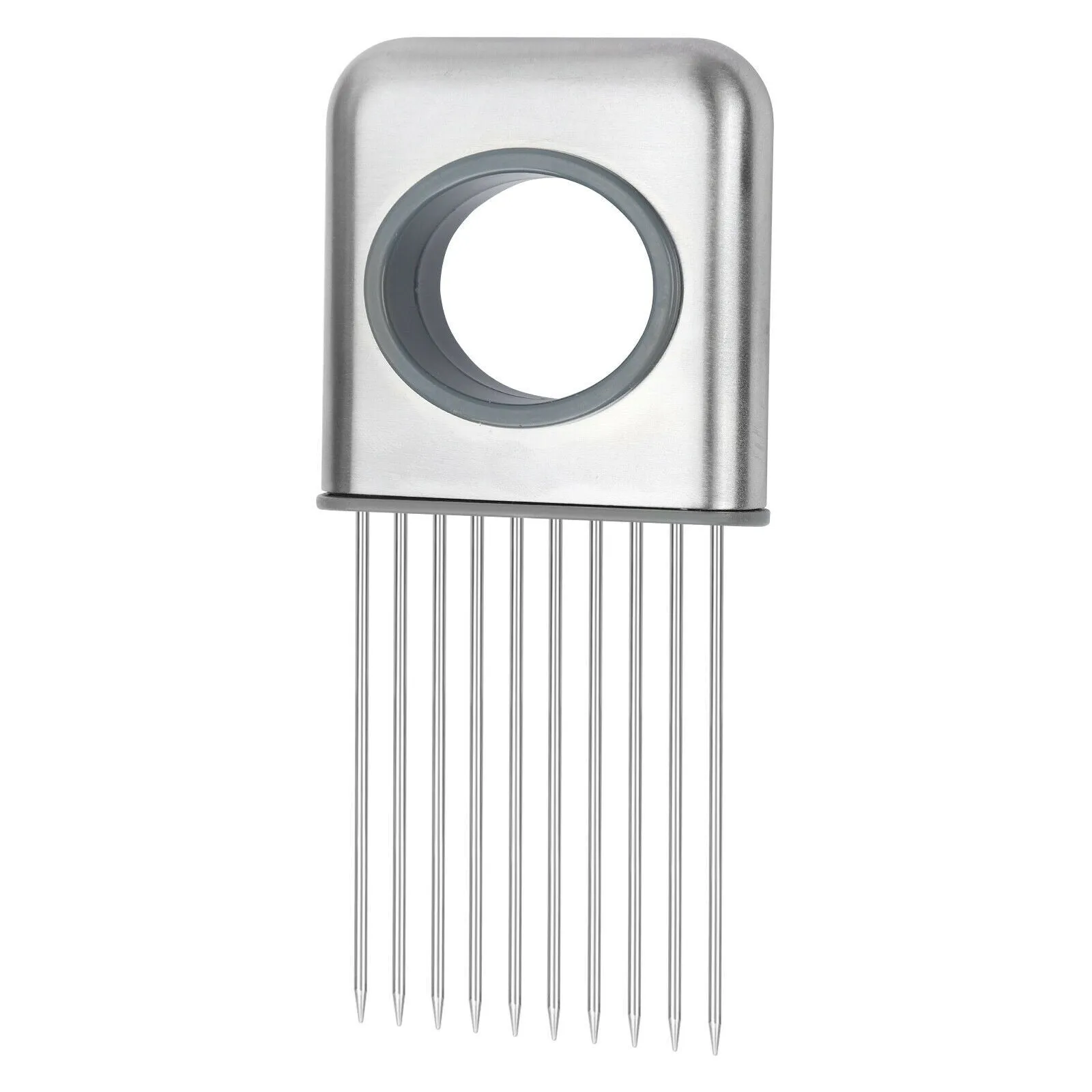Stainless steel onion and tomato holder slicer with ABS handle on a kitchen worktop.