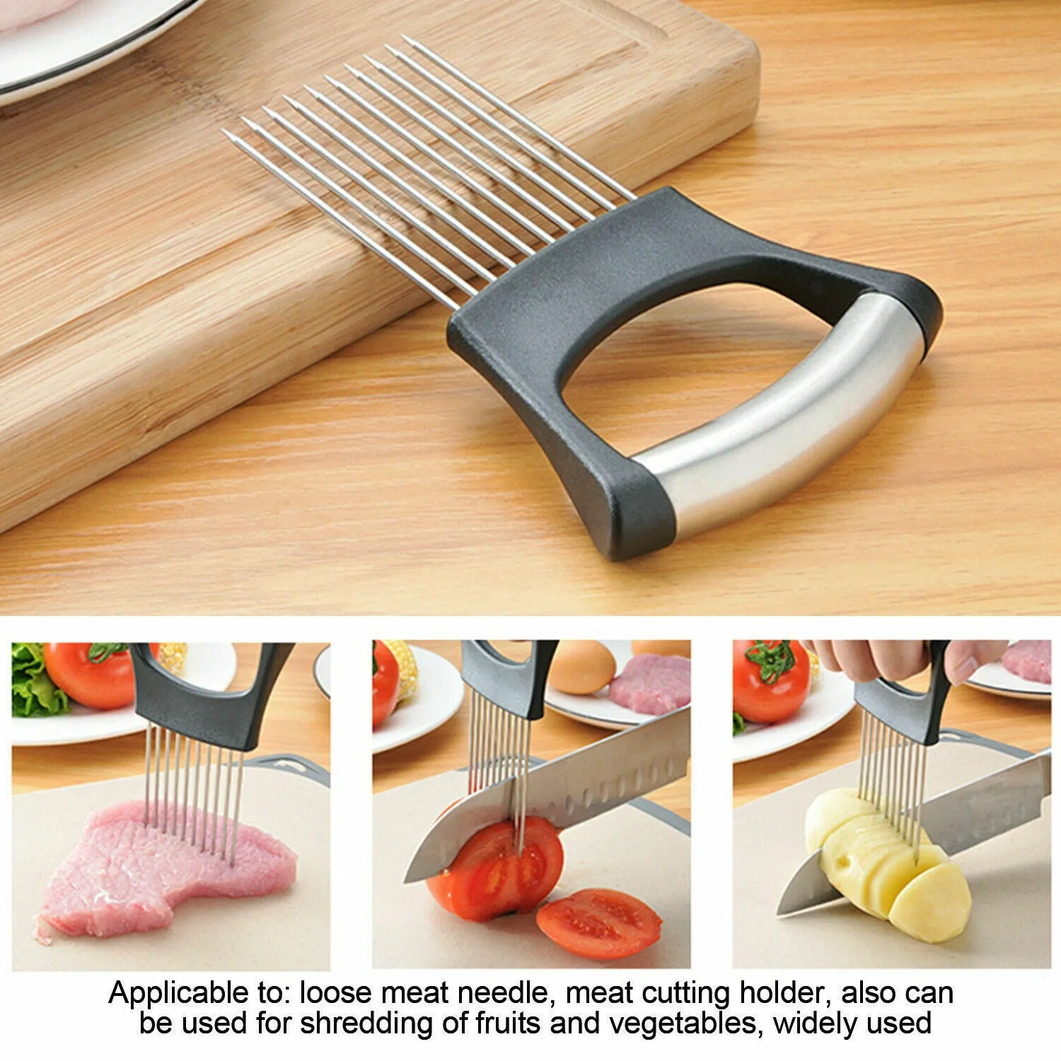 Stainless steel onion and tomato holder slicer with ABS handle on a kitchen worktop.