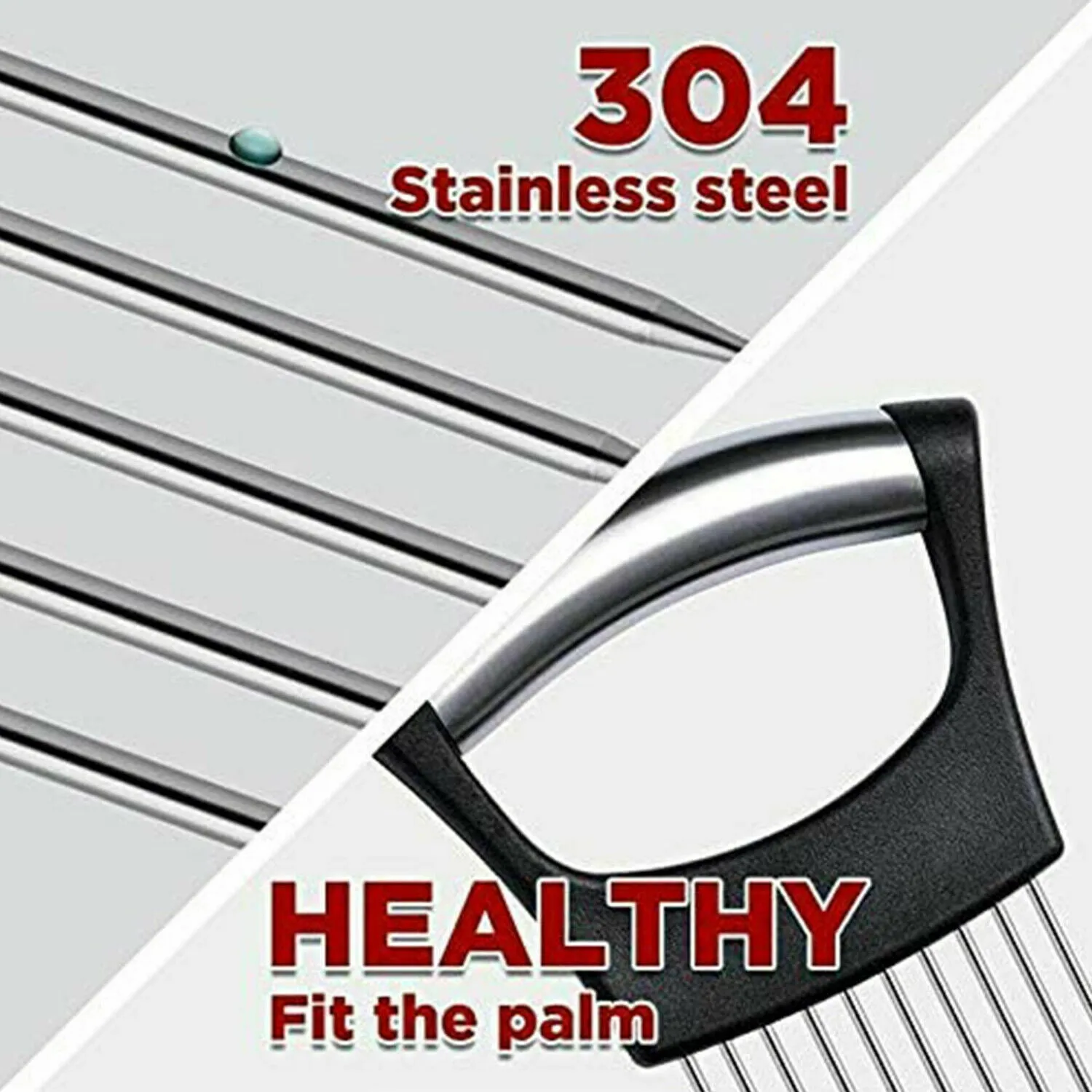 Stainless steel onion and tomato holder slicer with ABS handle on a kitchen worktop.