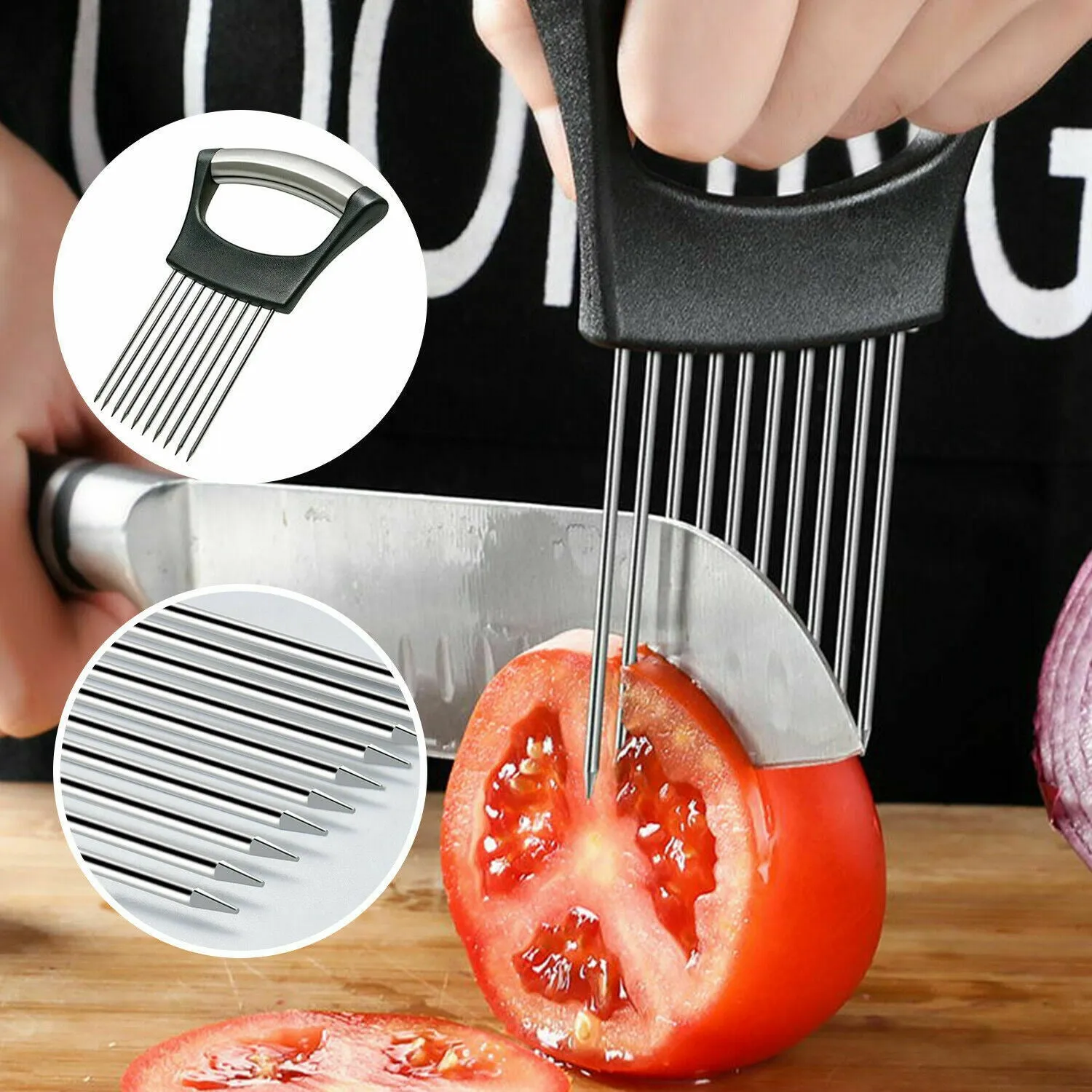 Stainless steel onion and tomato holder slicer with ABS handle on a kitchen worktop.