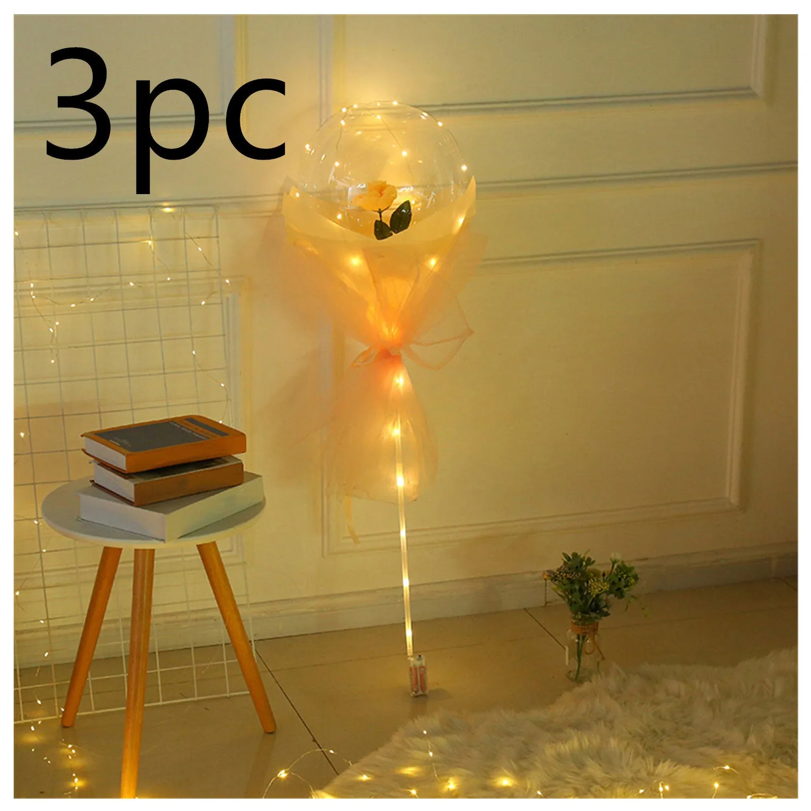 DIY LED luminous transparent balloon rose bouquet kit with artificial flowers and lights for assembly.