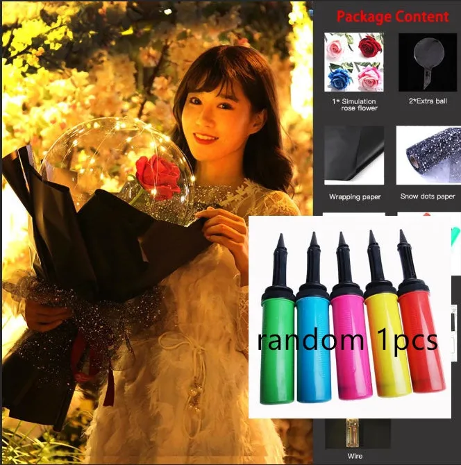 DIY LED luminous transparent balloon rose bouquet kit with artificial flowers and lights for assembly.