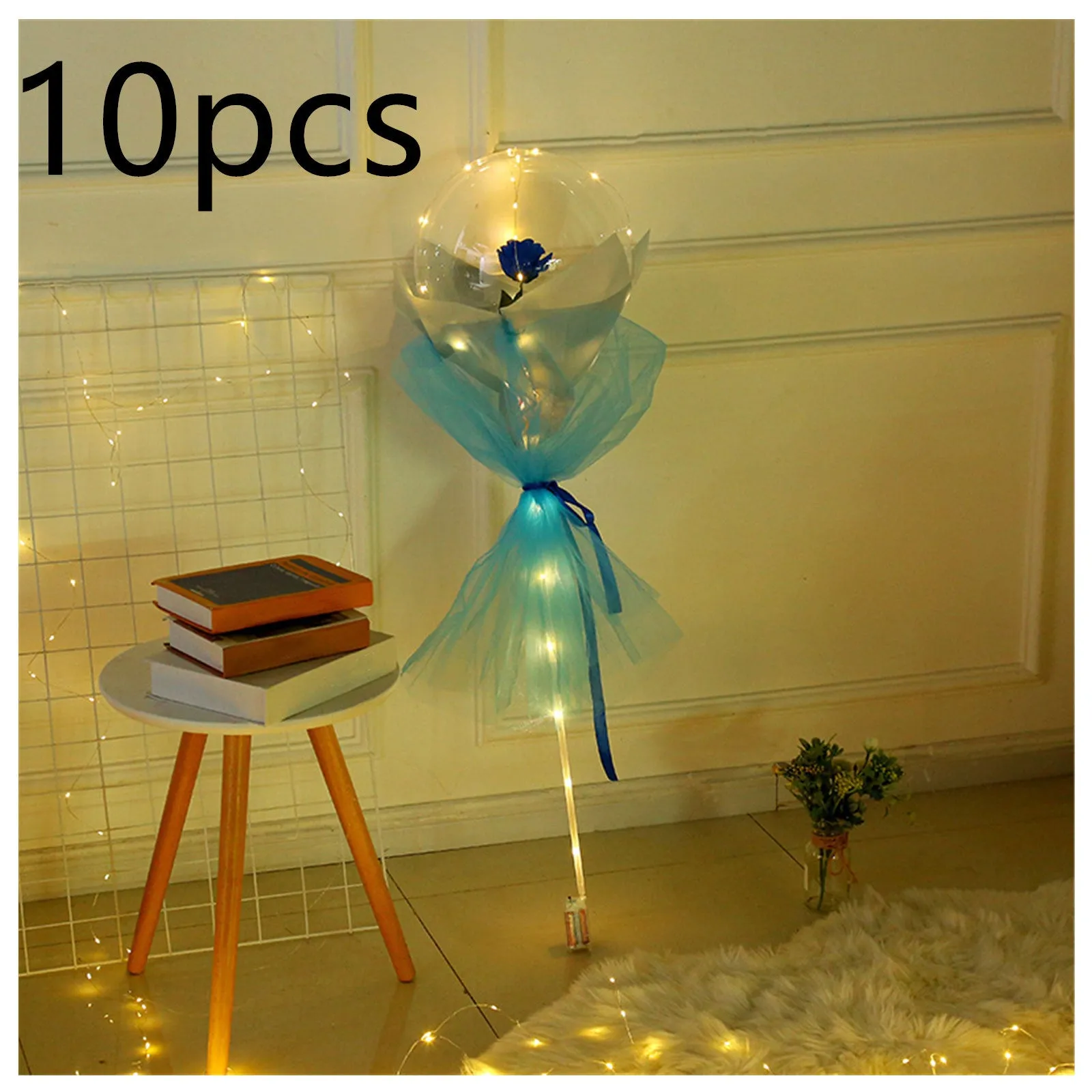 DIY LED luminous transparent balloon rose bouquet kit with artificial flowers and lights for assembly.
