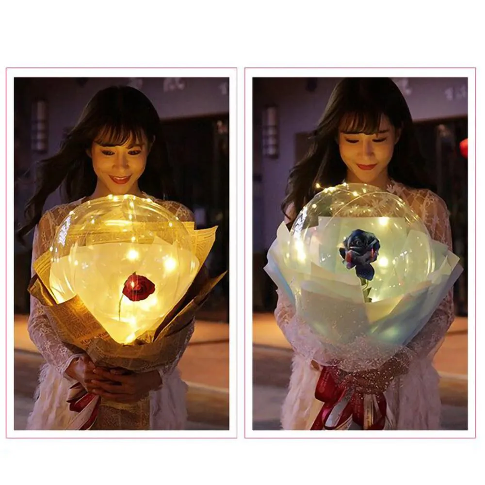 DIY LED luminous transparent balloon rose bouquet kit with artificial flowers and lights for assembly.