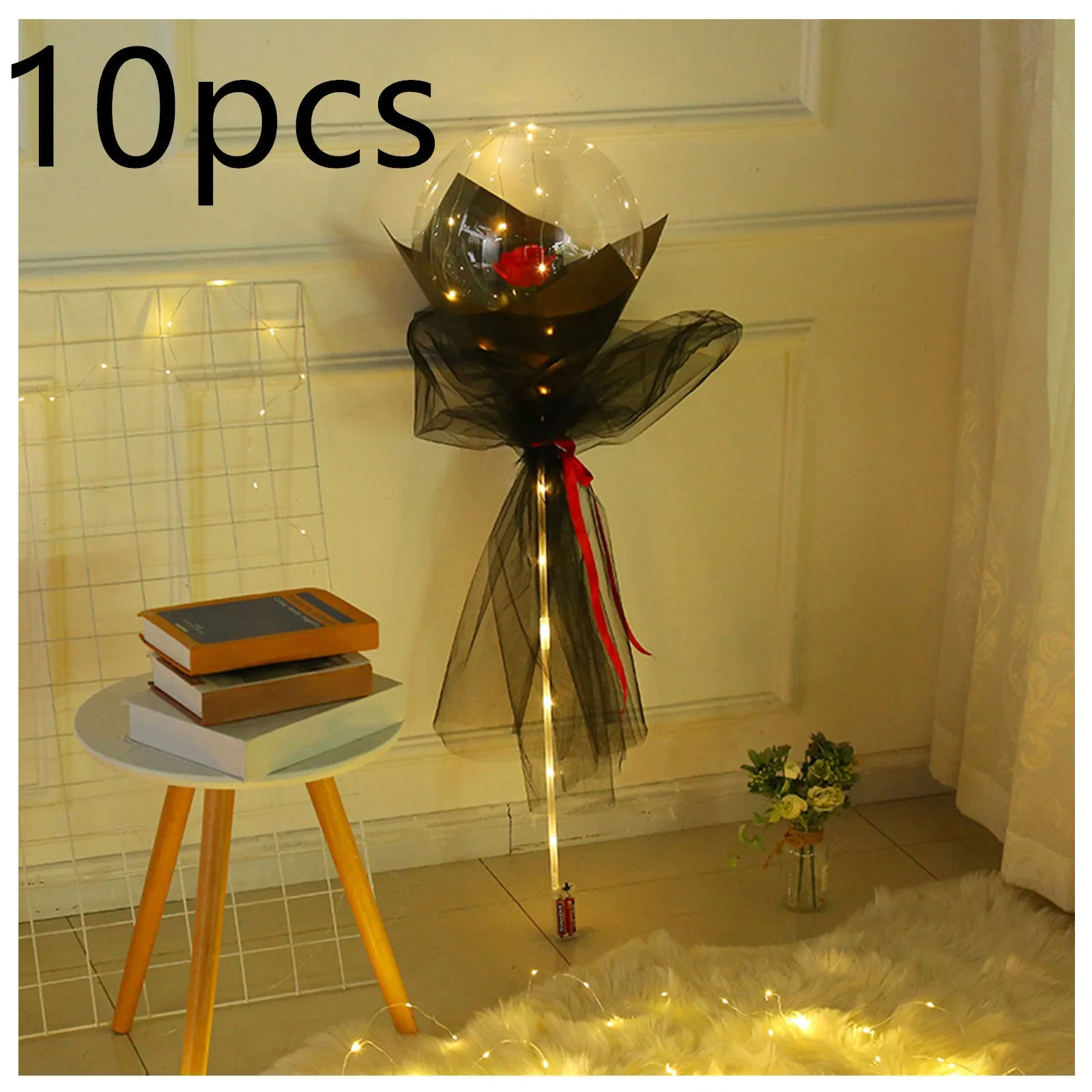 DIY LED luminous transparent balloon rose bouquet kit with artificial flowers and lights for assembly.