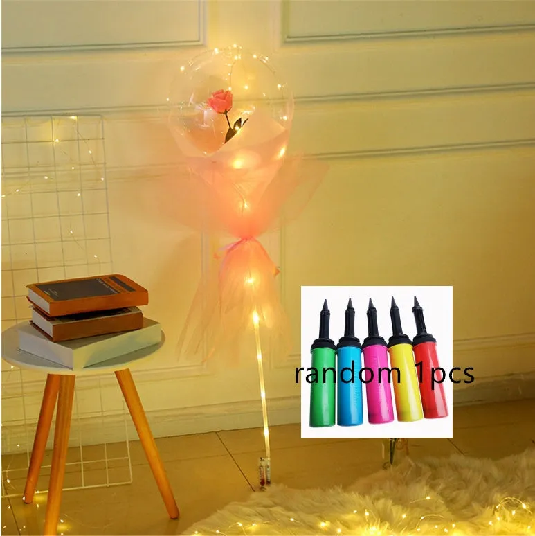 DIY LED luminous transparent balloon rose bouquet kit with artificial flowers and lights for assembly.