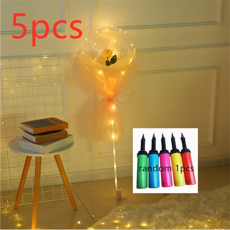 DIY LED luminous transparent balloon rose bouquet kit with artificial flowers and lights for assembly.