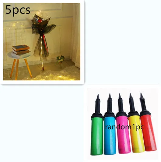 DIY LED luminous transparent balloon rose bouquet kit with artificial flowers and lights for assembly.