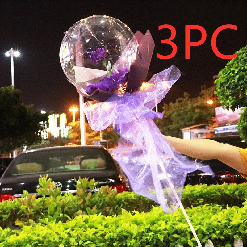 DIY LED luminous transparent balloon rose bouquet kit with artificial flowers and lights for assembly.