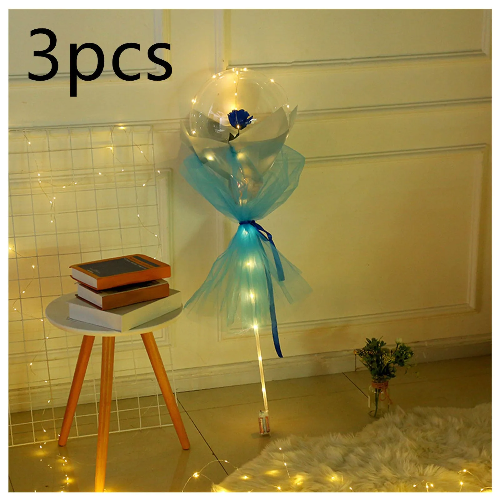 DIY LED luminous transparent balloon rose bouquet kit with artificial flowers and lights for assembly.