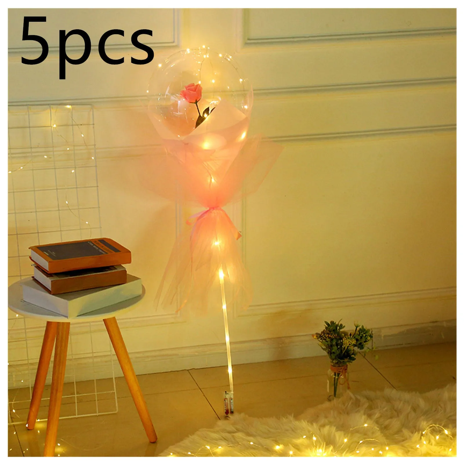 DIY LED luminous transparent balloon rose bouquet kit with artificial flowers and lights for assembly.