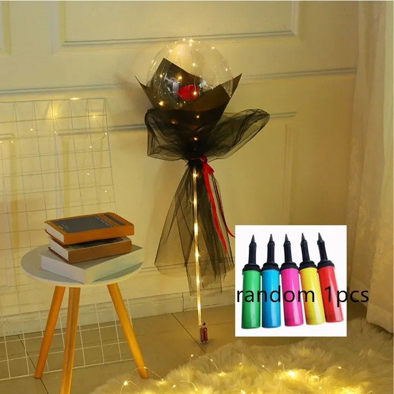 DIY LED luminous transparent balloon rose bouquet kit with artificial flowers and lights for assembly.