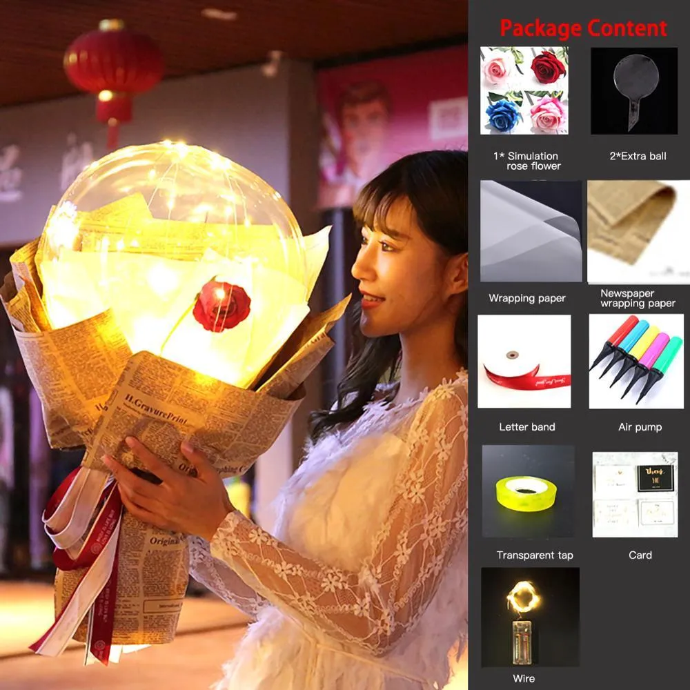 DIY LED luminous transparent balloon rose bouquet kit with artificial flowers and lights for assembly.