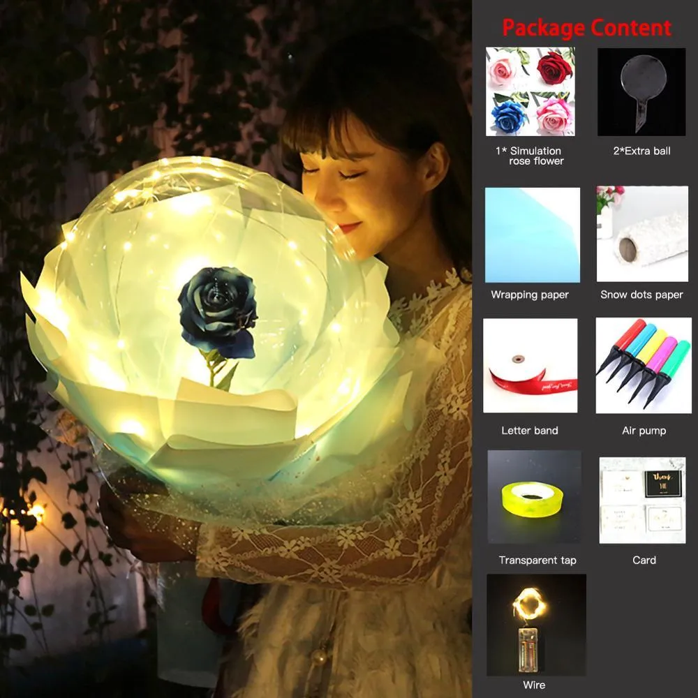 DIY LED luminous transparent balloon rose bouquet kit with artificial flowers and lights for assembly.