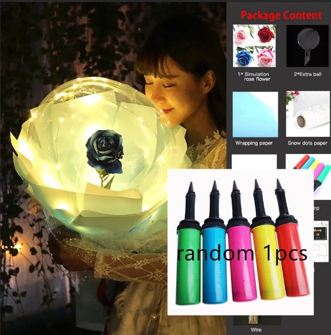 DIY LED luminous transparent balloon rose bouquet kit with artificial flowers and lights for assembly.