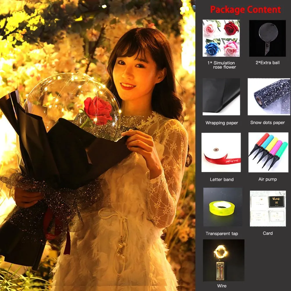 DIY LED luminous transparent balloon rose bouquet kit with artificial flowers and lights for assembly.