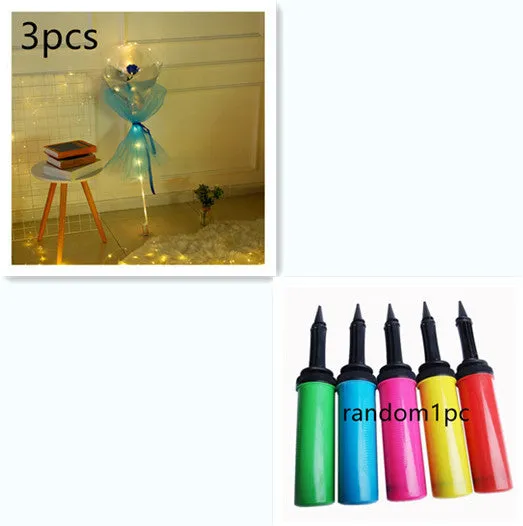 DIY LED luminous transparent balloon rose bouquet kit with artificial flowers and lights for assembly.