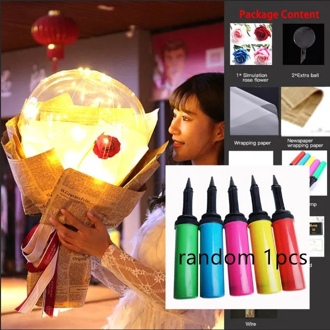 DIY LED luminous transparent balloon rose bouquet kit with artificial flowers and lights for assembly.