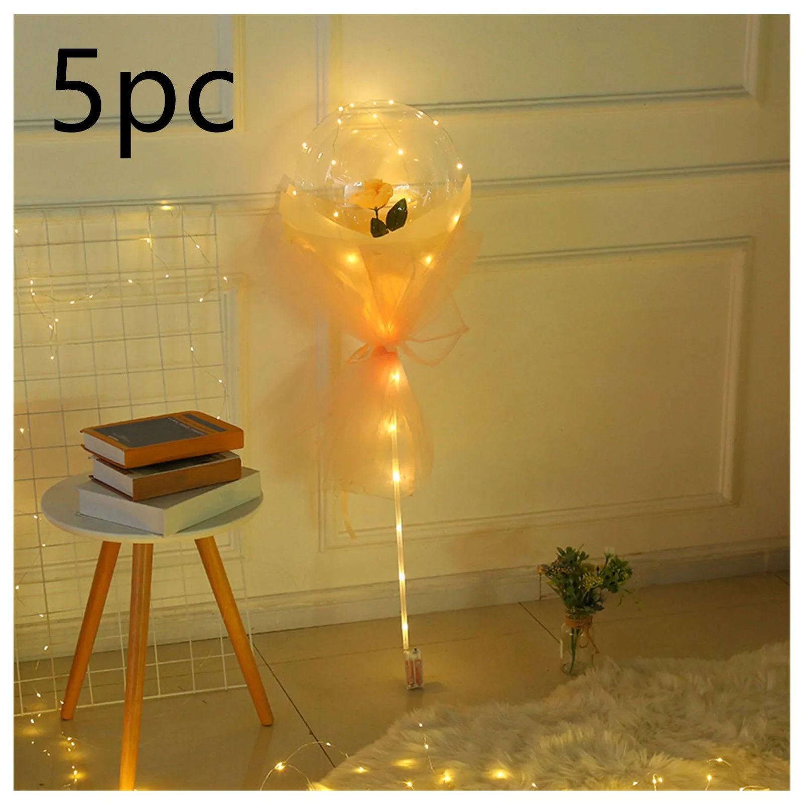 DIY LED luminous transparent balloon rose bouquet kit with artificial flowers and lights for assembly.
