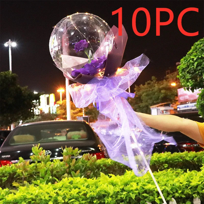 DIY LED luminous transparent balloon rose bouquet kit with artificial flowers and lights for assembly.