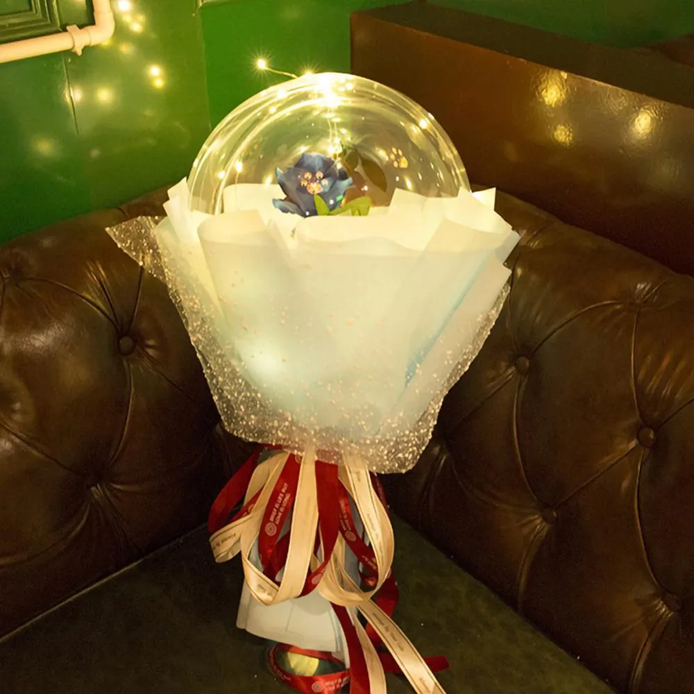 DIY LED luminous transparent balloon rose bouquet kit with artificial flowers and lights for assembly.