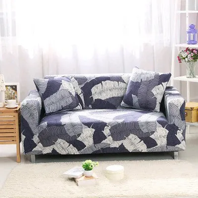 Printed geometric pattern stretch sofa slipcover fitted on a modern three-seater sofa.