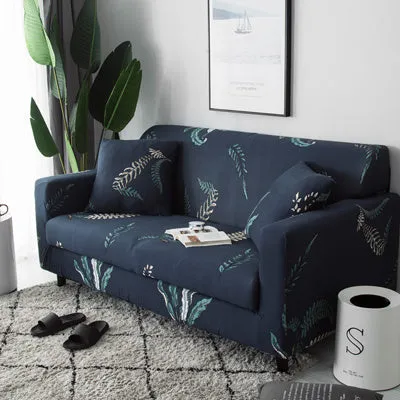 Printed geometric pattern stretch sofa slipcover fitted on a modern three-seater sofa.