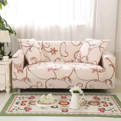Printed geometric pattern stretch sofa slipcover fitted on a modern three-seater sofa.