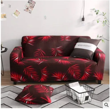 Printed geometric pattern stretch sofa slipcover fitted on a modern three-seater sofa.