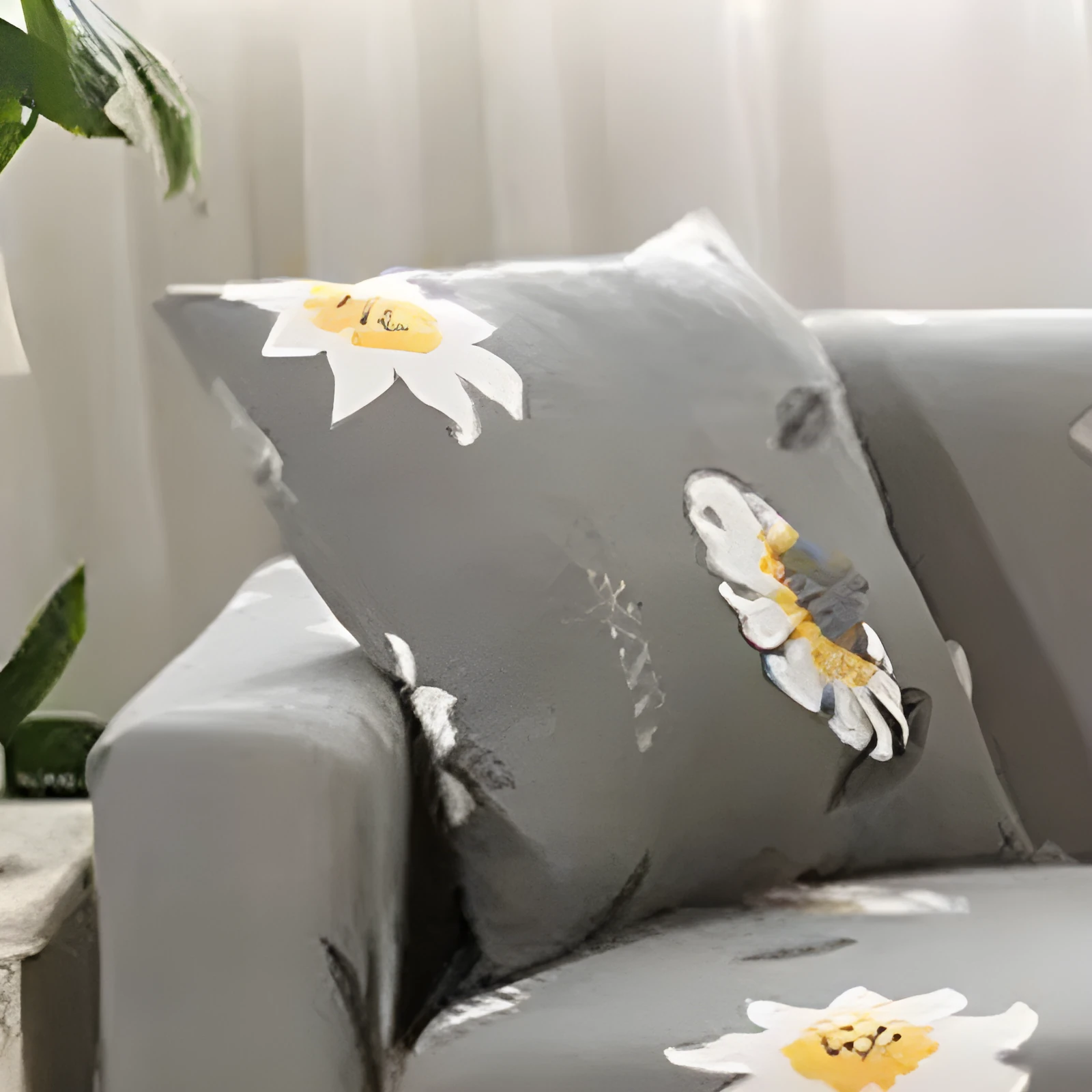 Printed geometric pattern stretch sofa slipcover fitted on a modern three-seater sofa.