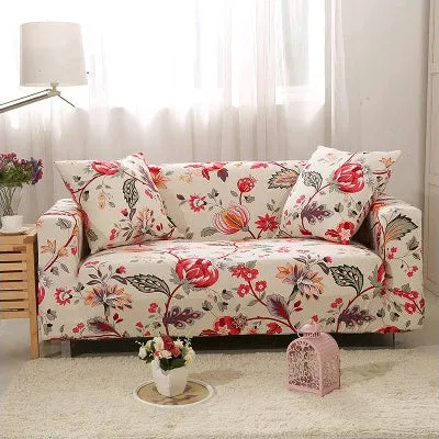Printed geometric pattern stretch sofa slipcover fitted on a modern three-seater sofa.