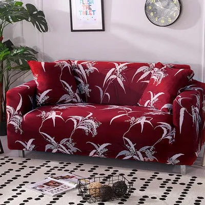 Printed geometric pattern stretch sofa slipcover fitted on a modern three-seater sofa.
