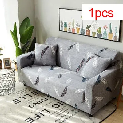 Printed geometric pattern stretch sofa slipcover fitted on a modern three-seater sofa.